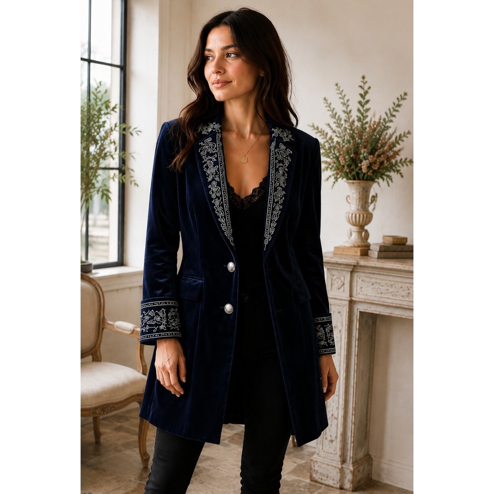 FuTario Navy Velvet Baroque Military Gothic Embroidered Blazer Jacket Coat L